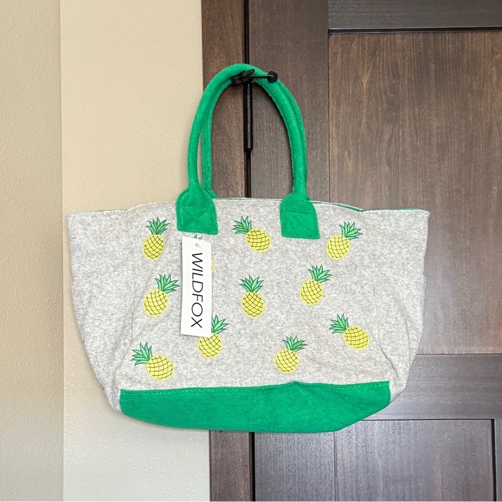 Wildfox Pineapple Terry Cotton Crossbody Travel Tote Bag Green/Gray NWT